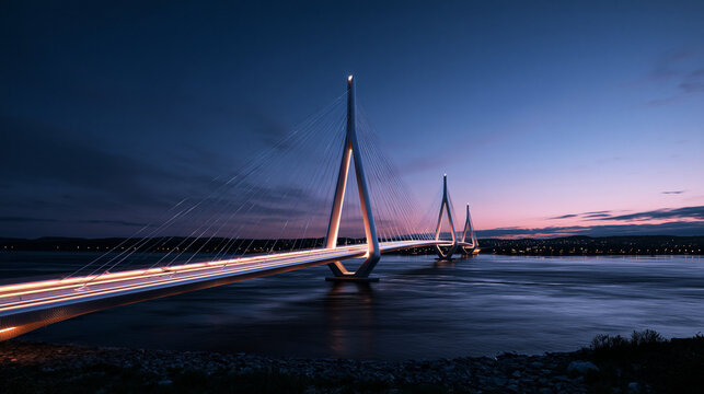 Illuminated Cable Stayed Bridge Over Water at Twilight