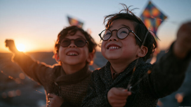 Two Young Boys Flying Kites Together at Sunset