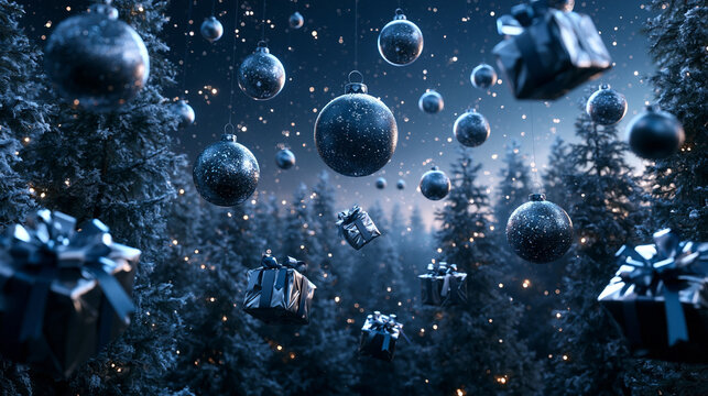 Christmas Baubles and Wrapped Gifts Floating in Winter Forest