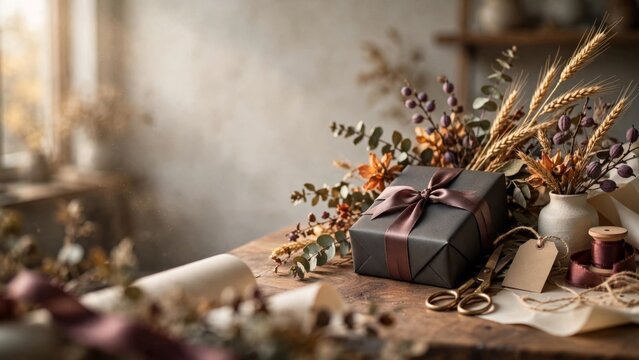 Autumn Gift Wrapping Scene with Elegant Black Present, Dried Flowers and Seasonal Craft Supplies