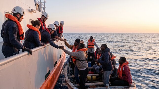 Rescuers Help Migrants From Small Boat Onto Larger Ship at Sunset