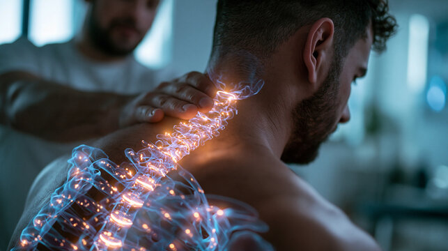 Chiropractor Treating Male Patient with Glowing Spine Overlay