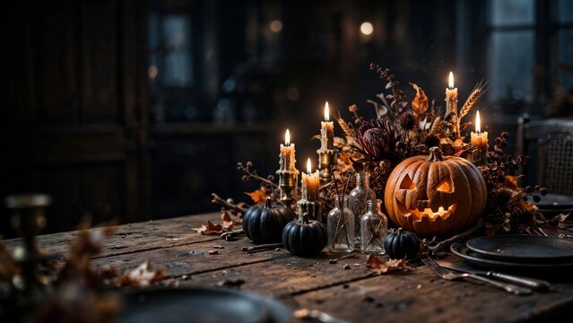 Dark Halloween Dinner Table Setting with Jack O Lantern, Candles, Black Pumpkins and Dried Flowers