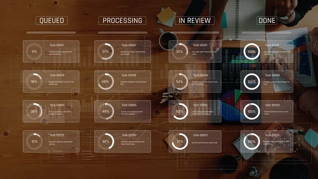 A project management dashboard displayed on a wooden table shows task status indicators for a team. Various office supplies and digital devices enhance the work environment. Raster
