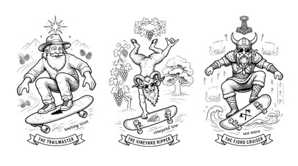 Fototapeta premium Engraved illustration showing three characters skateboarding in different locations showcasing their unique styles and backgrounds