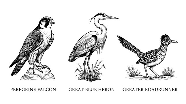 Engraved illustration showing three birds including a falcon, heron, and roadrunner in black and white vector style