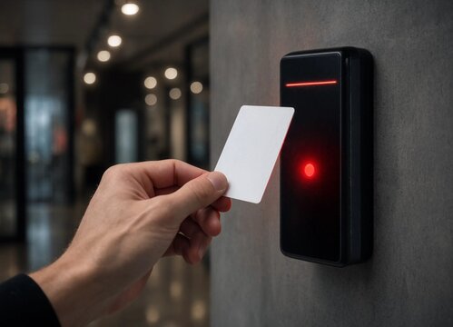 Person holding a blank white access card near a security reader with red light