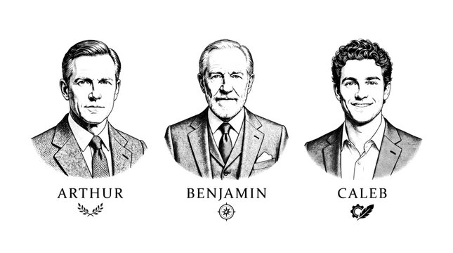 Engraved portrait illustration of three men, Arthur, Benjamin, and Caleb, with detailed features and names below
