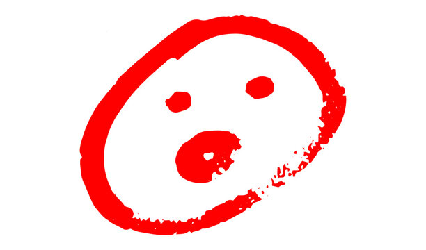 shocked face drawn in red crayon encircled by red oval shape, simple expressive doodle conveying surprise or astonishment