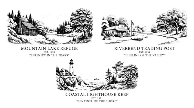 Engraved illustration of three locations showcasing mountain lake, riverbend trading post, and coastal lighthouse