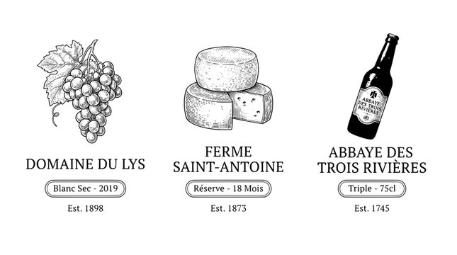 Engraved illustration of wine, cheese, and beer labels from Quebec