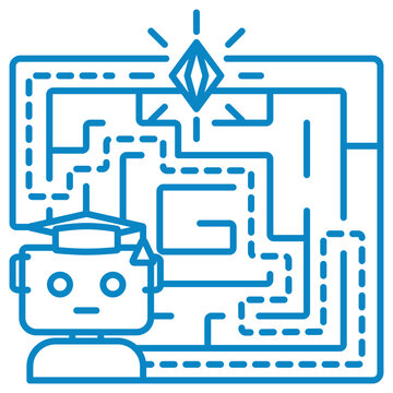 Reinforcement learning and maze pathfinding vector line icon. Robot agent solving labyrinth to find reward crystal representing q learning algorithm