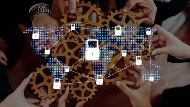 Diverse team members collaborate by connecting gears symbolizing teamwork, with digital locks illustrating data security and a world map background for a tech-driven future. Raster