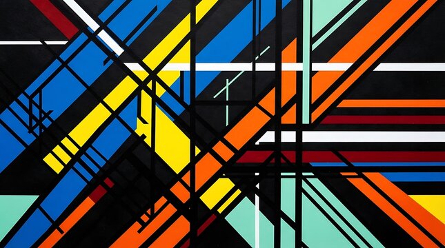 Abstract geometric composition with bold lines and vibrant colors in a modern constructivist style dynamic and energetic artwork