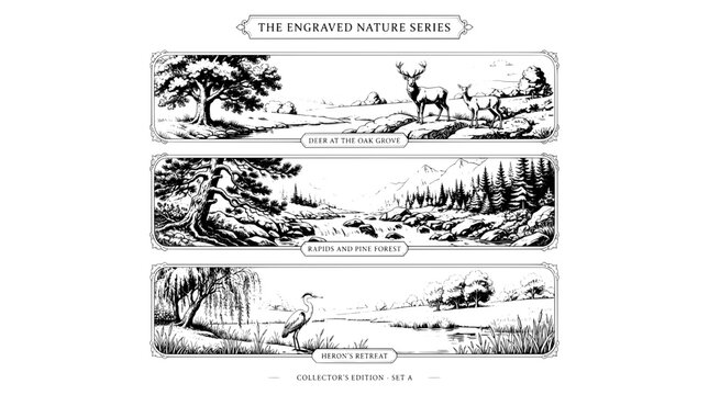 Engraved nature illustrations of deer at an oak grove, a lake in a pine forest, and a heron's retreat in a scenic view