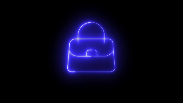 Bag shopping symbol icon animation neon blue colors bag icon ,shimmering on a dark black background ideal for retail fashion.