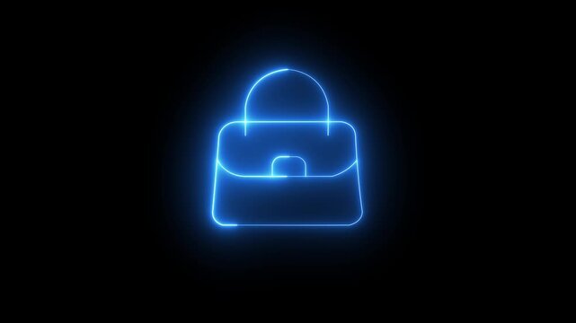 Glowing neon line Shopping bag with an inscription percent discount icon neon handbag outline icon with Glowing neon line shopping bag icon seamless looped animation .