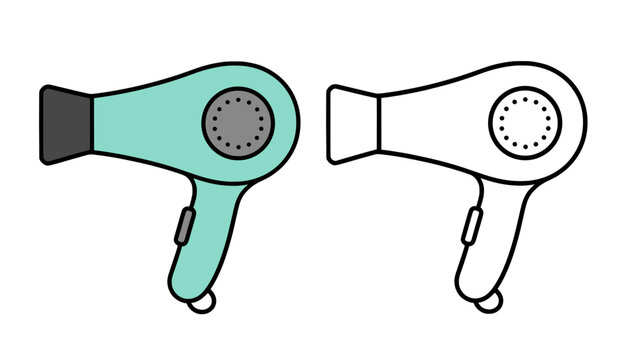 Minimalist hair dryer icon in line art style and colored, for coloring page or UI/UX app design