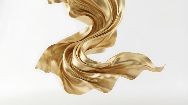 Flowing golden silk fabric with elegant curves and soft folds against a neutral background luxurious texture and shimmering light