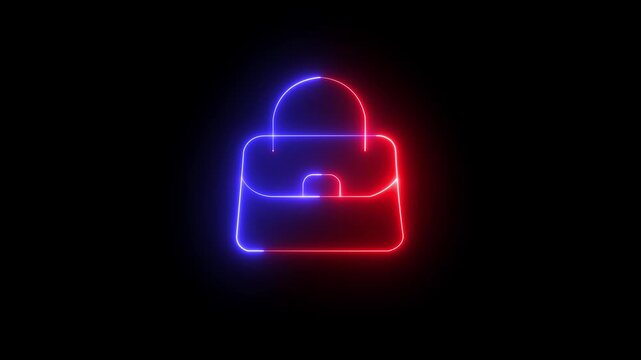 Neon shopping bag outline animation on black background ,Glowing neon handbag outline icon with vibrant pink and blue colors shimmering on a dark black background ideal for retail fashion.