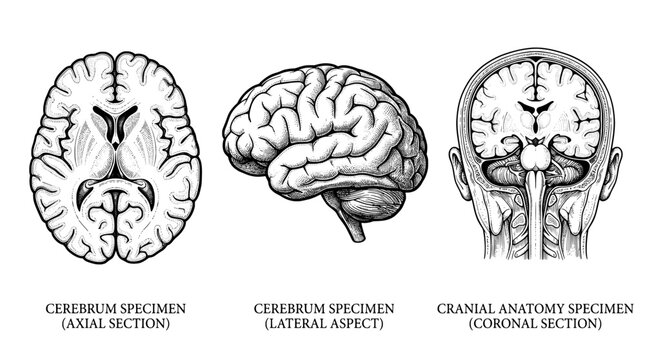 Engraved illustration of brain specimens showing different sections
