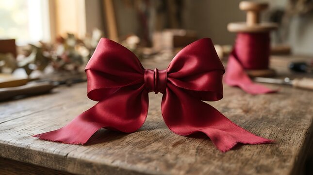 Luxurious dark red satin ribbon bow displayed on a rustic wooden surface with crafting supplies nearby
