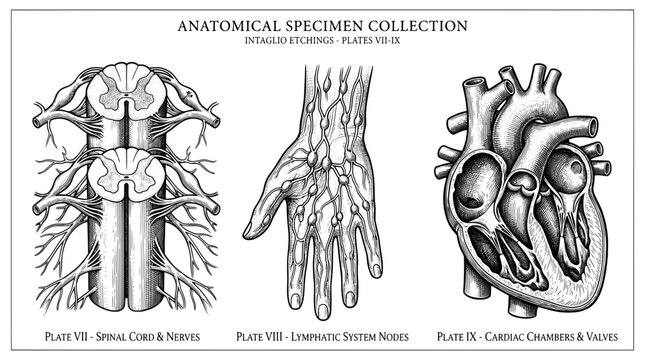 Engraved illustration showing anatomical specimens including nerves, lymph nodes, and heart chambers