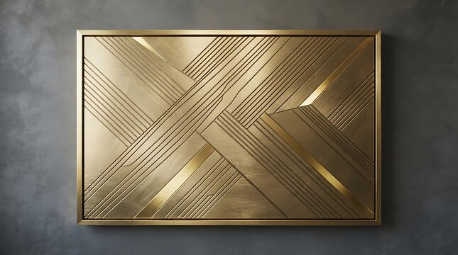 Golden geometric art deco wall sculpture in a black frame hangs on a textured gray wall creating a luxurious interior design aesthetic