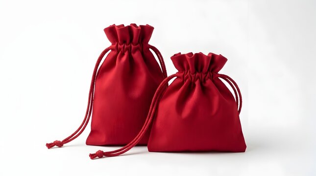Red velvet drawstring pouches on white background, luxury fabric gift bags for jewelry, elegant crimson textile cinch sacks