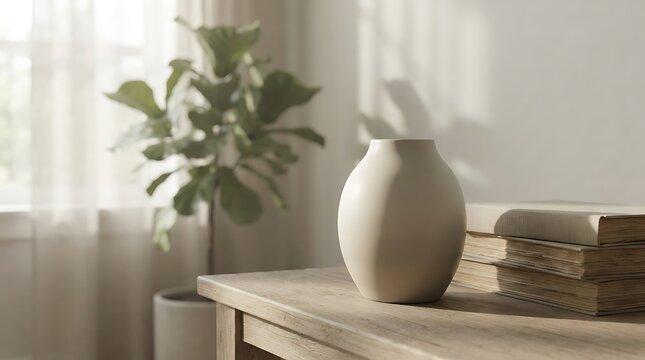 Minimalist still life composition featuring a ceramic vase stacked books and a leafy plant bathed in soft natural light indoors