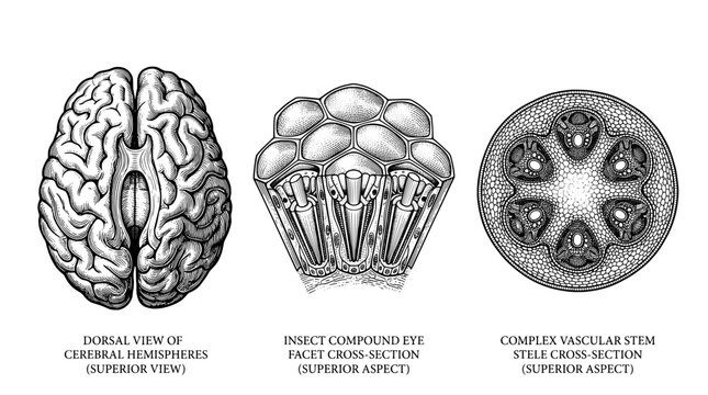 Engraved illustration of brain structure, insect eye, and vascular stem cross-section