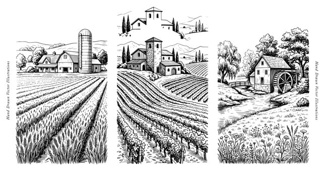 Engraved illustration of rural landscape with farms, vineyards, and a watermill