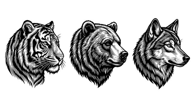 Engraved illustration of a tiger, bear, and wolf in black and white vector format