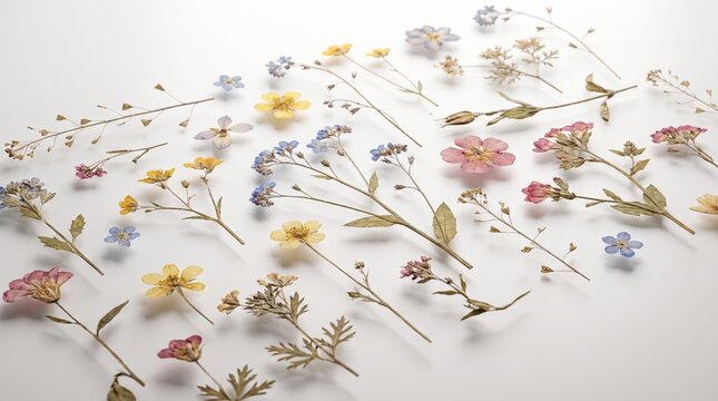 Pressed flowers knolling arrangement of dried botanical specimens on a white background