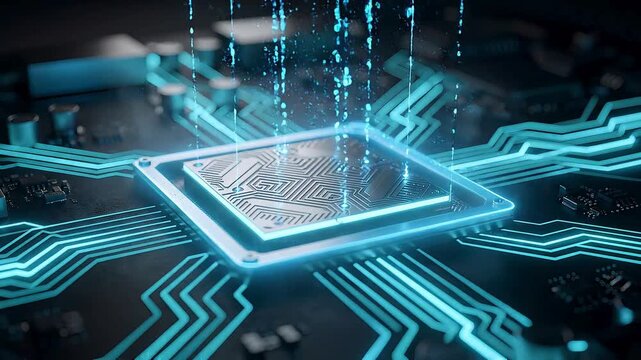 Semiconductor processor animation with holographic data streams, advanced microchip circuitry, high speed digital computing and futuristic artificial intelligence technology background video
