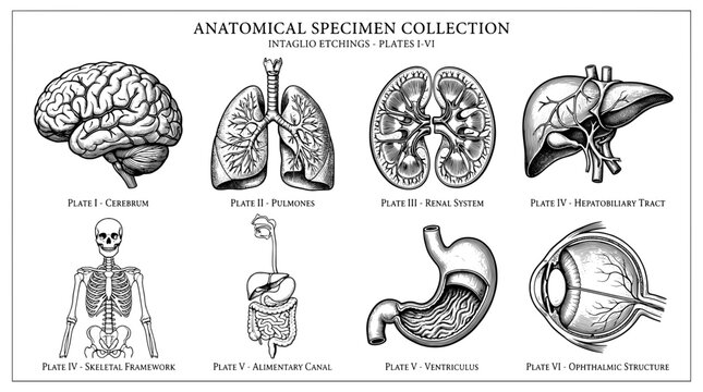 Engraved illustrations of anatomical specimens from a collection showing different human body systems
