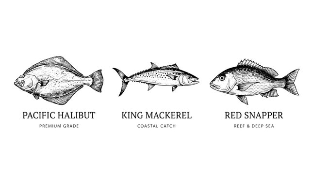 Engraved illustration of three fish types named Pacific halibut, king mackerel, and red snapper