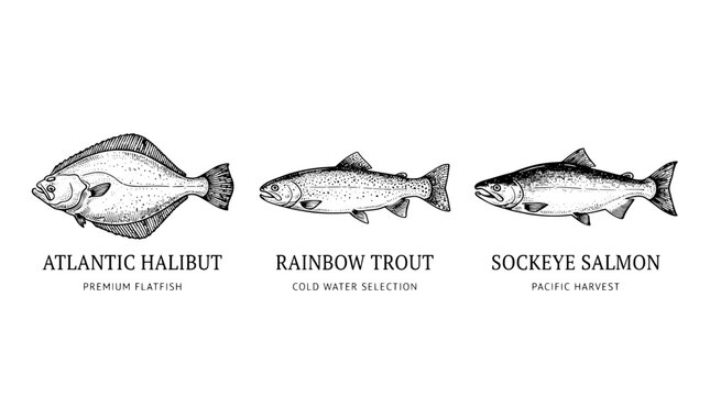 Engraved illustration of Atlantic halibut, rainbow trout, and sockeye salmon with descriptions