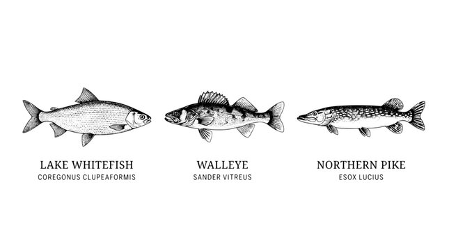 Engraved illustration of lake whitefish, walleye, and northern pike with scientific names displayed below each fish
