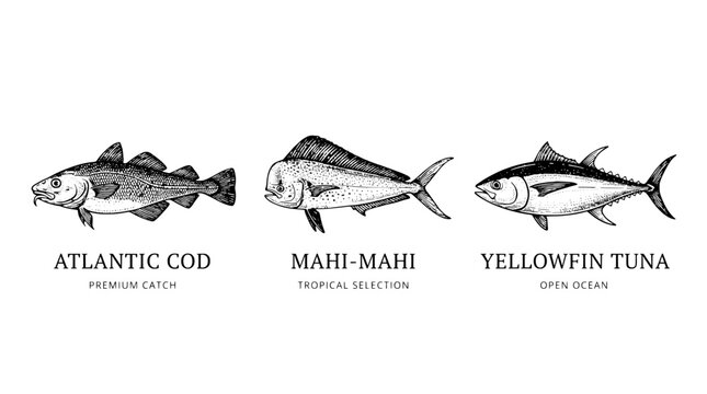 Engraved illustration of Atlantic cod, mahi-mahi, and yellowfin tuna with labels
