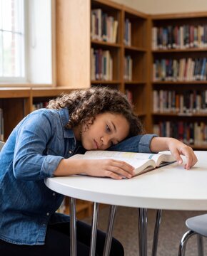 Tired student resting on textbook while studying alone in school library