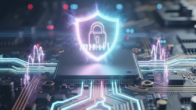 Cybersecurity processor animation with glowing digital shield, encrypted semiconductor circuitry, secure data protection, network defense and advanced information security technology background video