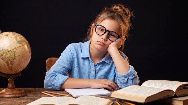 Bored schoolgirl with glasses feeling tired while studying homework with books and globe