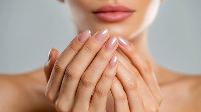 Refined woman with soft skin rests her hands near her face to display shiny manicured nails under gentle neutral indoor lighting during a studio session.