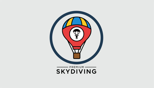 Premium skydiving logo design featuring colorful hot air balloon with parachutist silhouette inside a circular border.