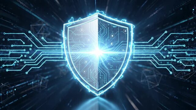 Cybersecurity shield animation with encrypted digital protection, secure network defense, data privacy, firewall technology and advanced cyber threat prevention for futuristic information security