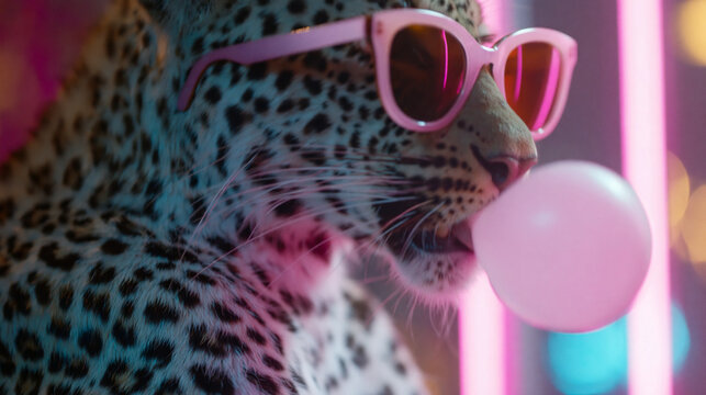 Cool leopard wearing pink sunglasses blows a large bubble gum sphere against a colorful neon urban background at night during a vibrant city street session