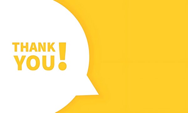 Bright yellow thank you speech bubble graphic on a white background with a modern design for appreciation and positive messaging