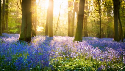 Obraz premium A Beautiful Field Of Bluebells In A Sunlit Forest