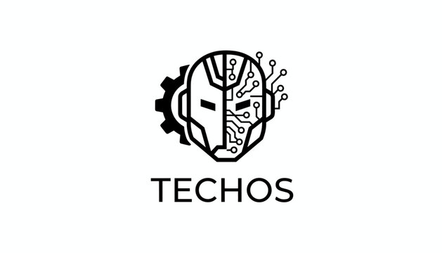 Futuristic cyborg mask logo consisting of gear wheels and digital electronic circuits next to the brand name Techos.